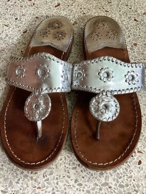 Jack Rogers Silver Floral Leather Thong Sandals